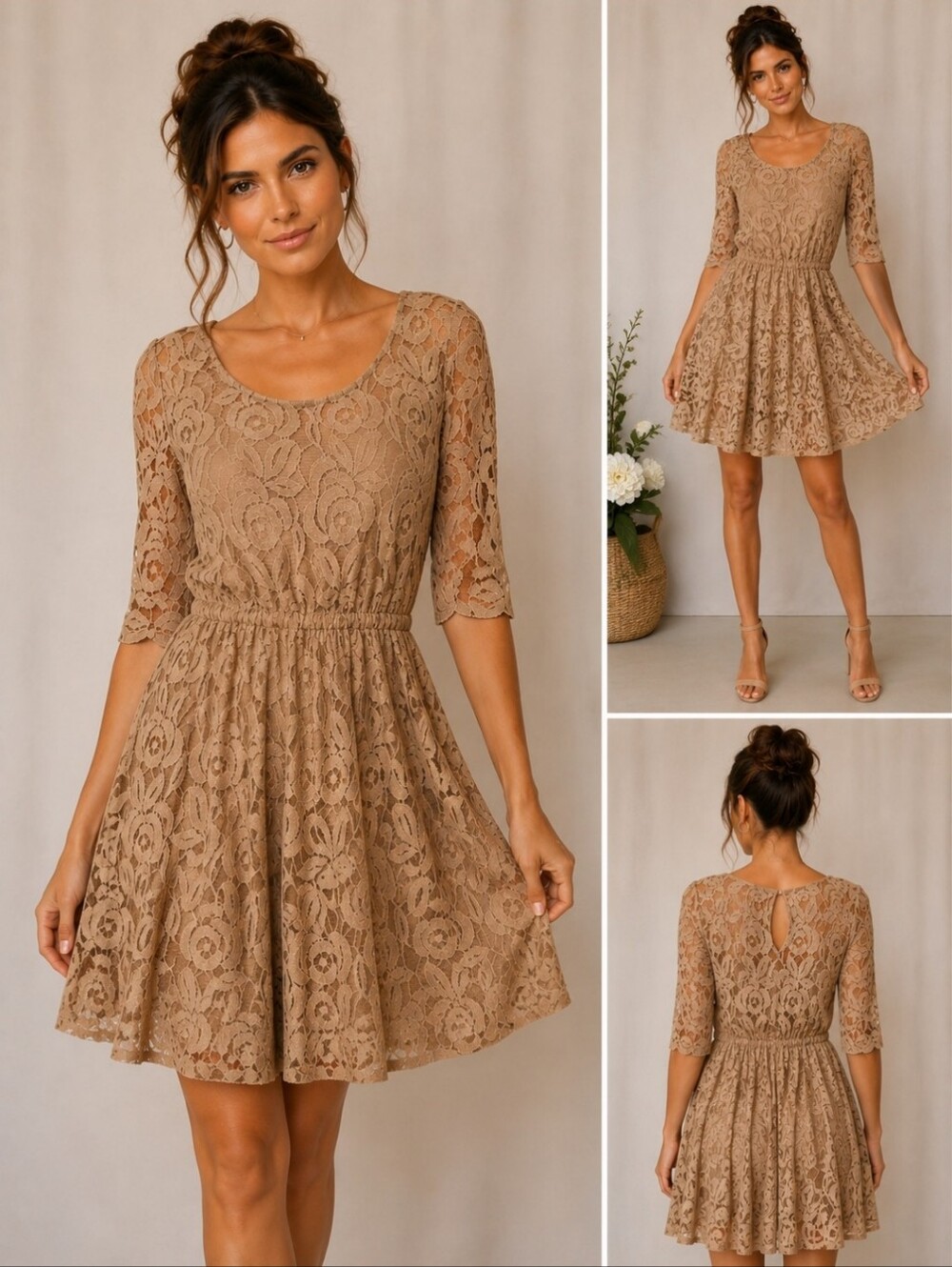 Vintage Taupe Lace Floral Midi Dress